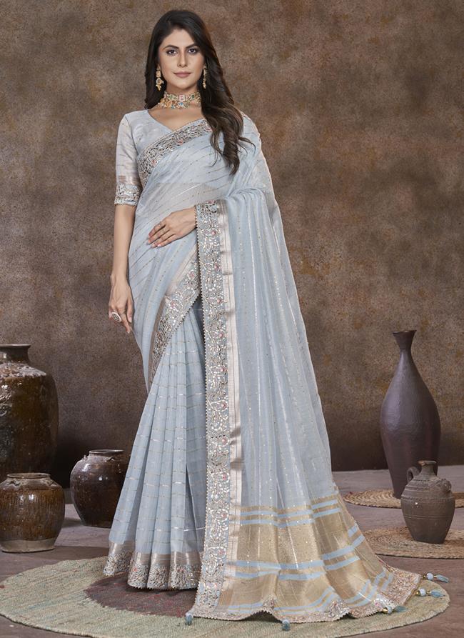 Top Dyed Blue Party Wear Sequins Work Saree